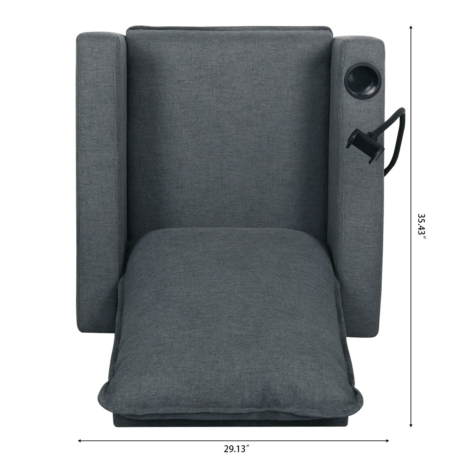HouseOfZazla gray fabric recliner chair with built-in phone holder and cup holder on armrest on Tampa Home & Garden Store