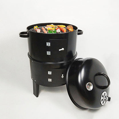 Outdoor double-layer charcoal grill smoker in black with lid and side handles on Tampa Home & Garden Store