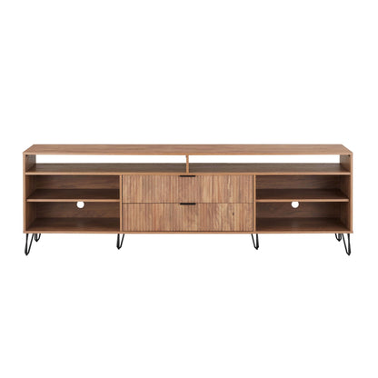 Fluted TV stand with storage, natural wood finish, HouseOfZazla, metal legs on Tampa Home & Garden Store