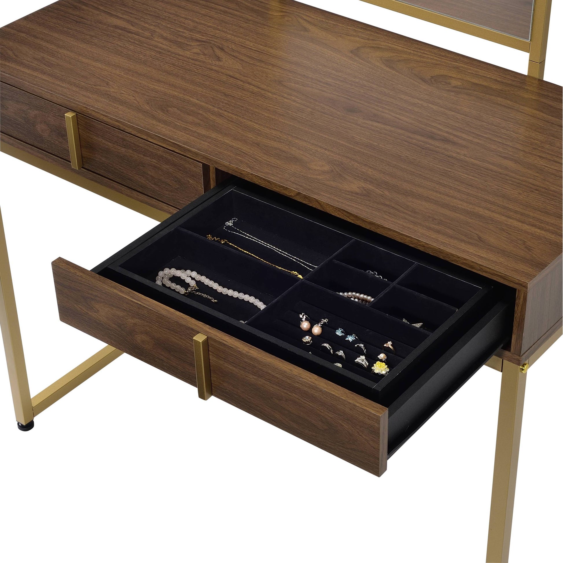 Walnut and gold vanity desk with mirror and jewelry-tray drawers by HouseOfZazla on Tampa Home & Garden Store