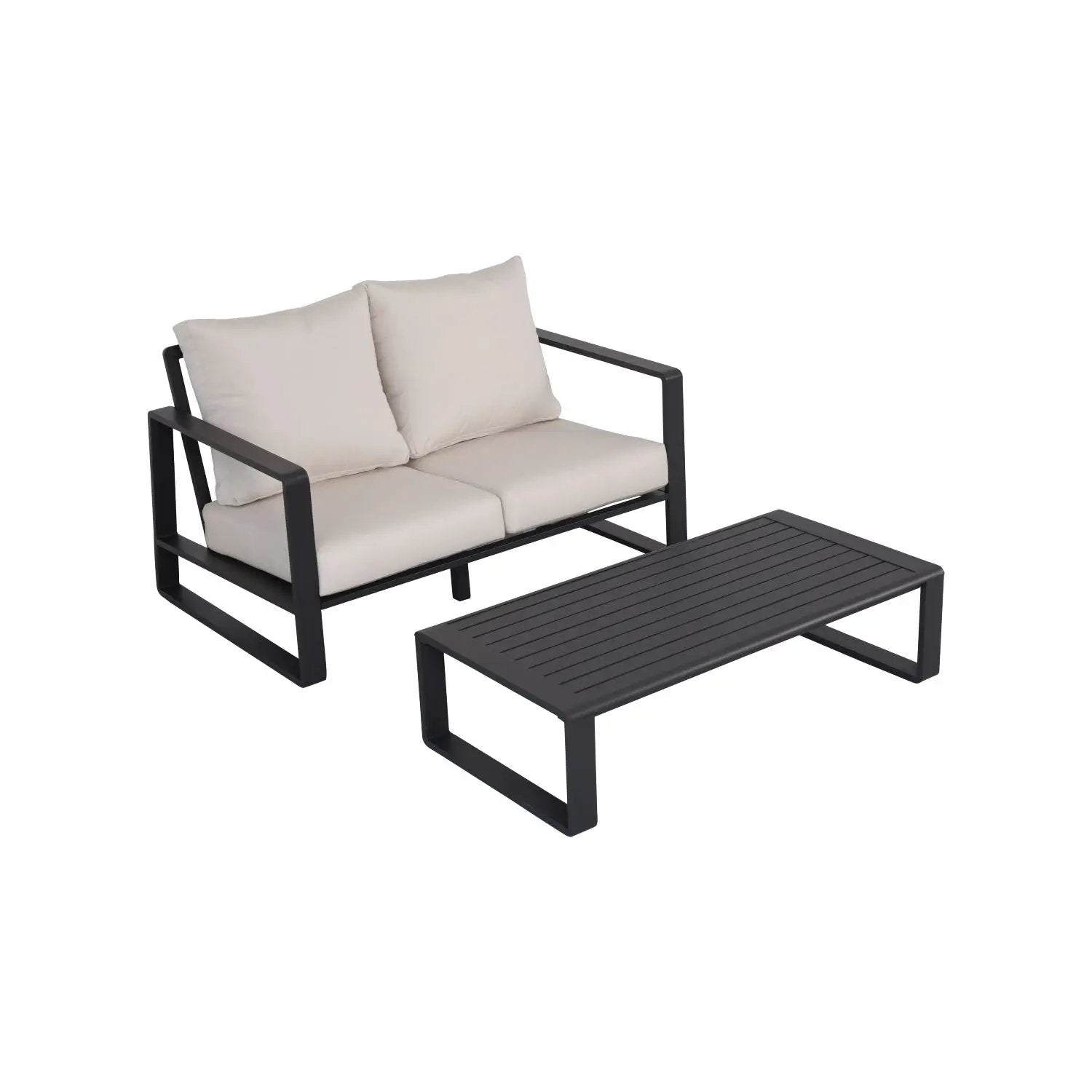 2-Piece outdoor set: black metal framed sofa with beige cushions and rectangular coffee table on Tampa Home & Garden Store