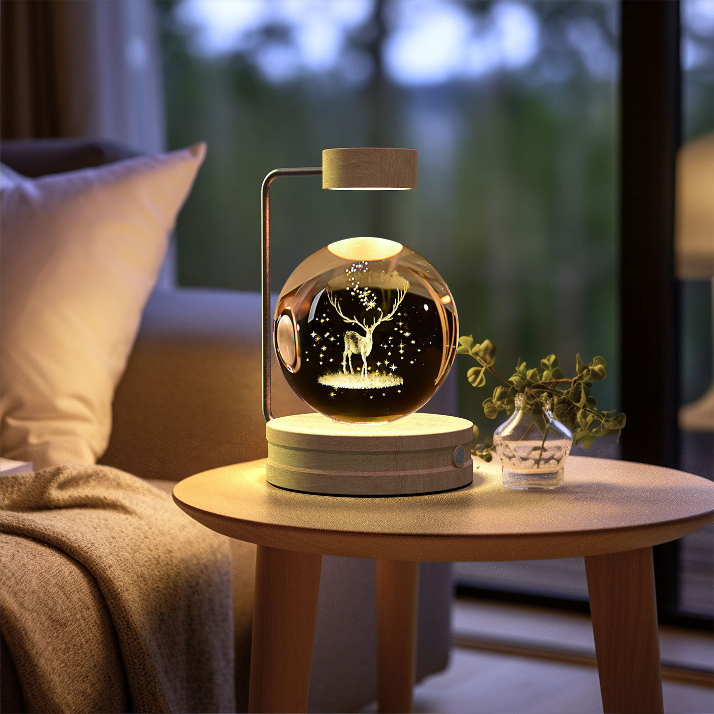 Crystal ball night light with deer silhouette and glow USB powered bedside lamp on wood base on Tampa Home & Garden Store