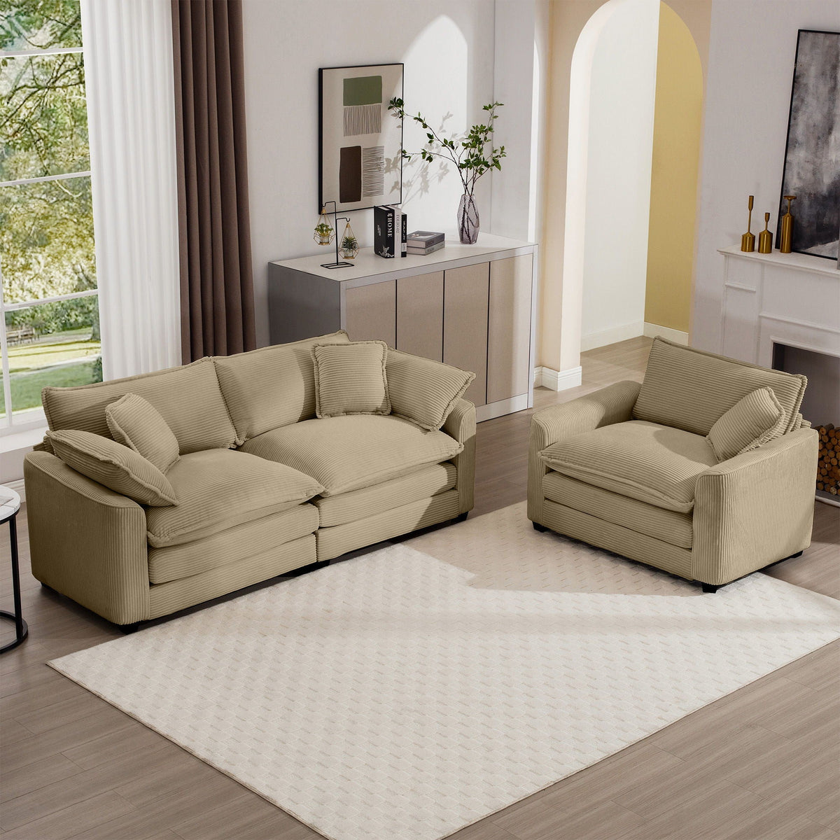 Elegant oversized sectional sofa set with deep seats in beige corduroy, a 3-piece living room set on Tampa Home & Garden Store