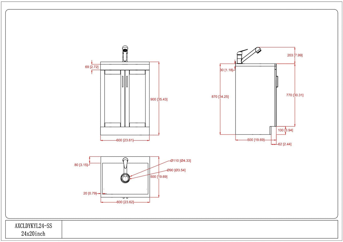 White laundry cabinet with stainless steel sink, front/side blueprint with dimensions on Tampa Home & Garden Store