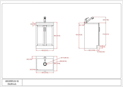 White laundry cabinet with stainless steel sink, front/side blueprint with dimensions on Tampa Home & Garden Store
