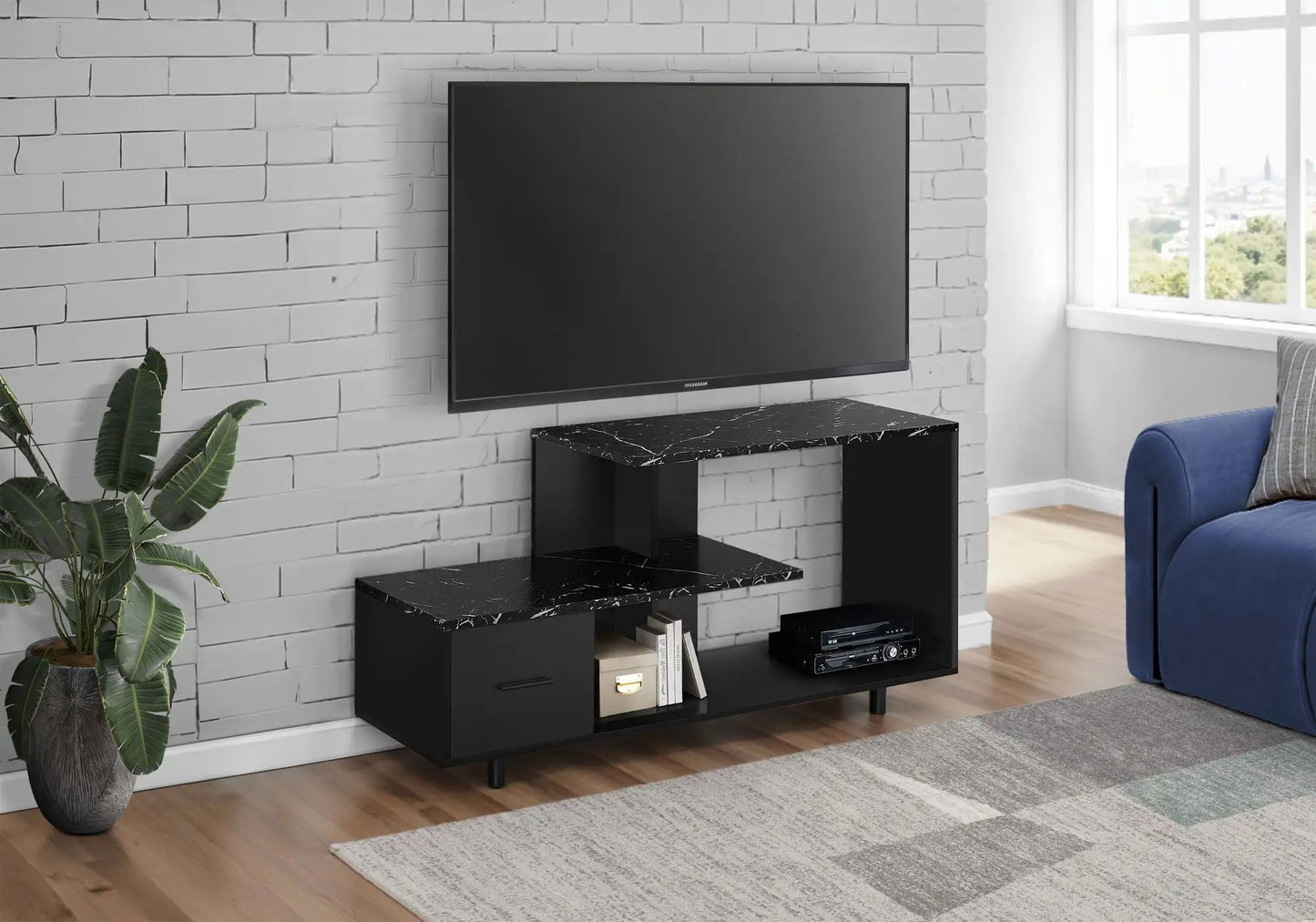TV Stand with black marble top and open storage shelves by Unique Piece Furniture on Tampa Home & Garden Store
