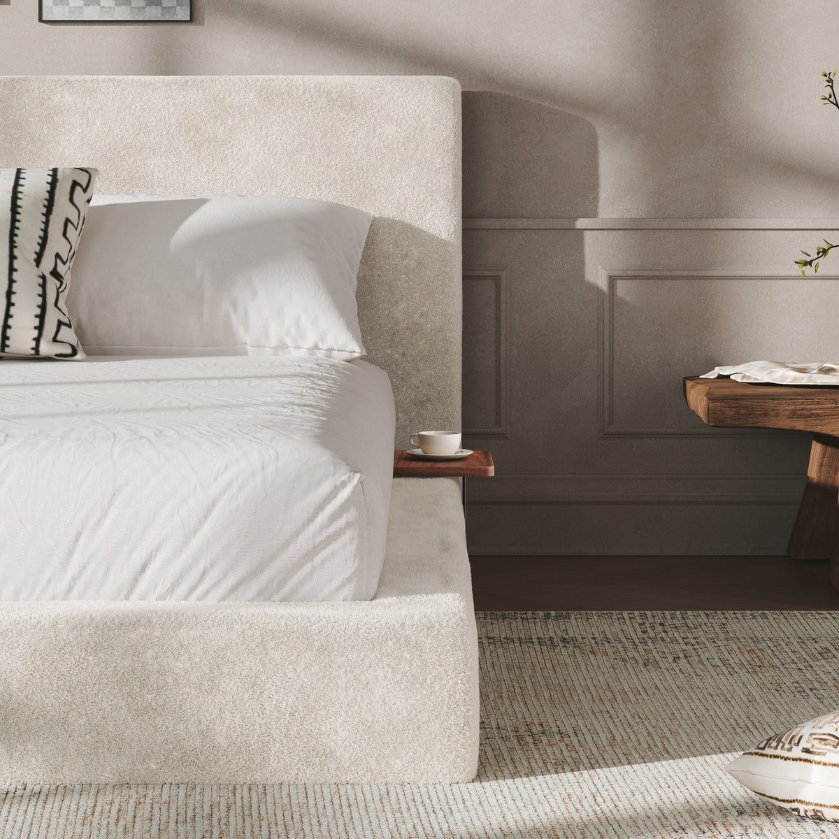 AirFrame Queen Bed Frame with adjustable sliding side table in off-white sherpa by HouseOfZazla on Tampa Home & Garden Store