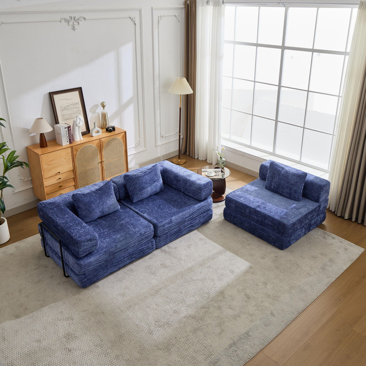 Convertible floor sofa bed modular futon in blue upholstery with sideboard and big window on Tampa Home & Garden Store