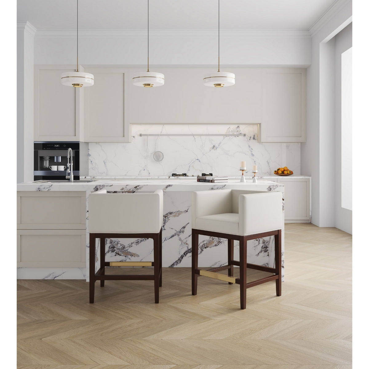Counter Stool with Cream Upholstery and Beech Wood Frame, Gold Footrest, HouseOfZazla on Tampa Home & Garden Store