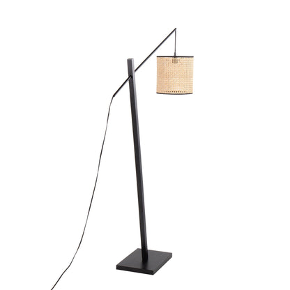 Arturo floor lamp by HouseOfZazla; black metal frame, angled arm, woven rattan shade, base on Tampa Home & Garden Store