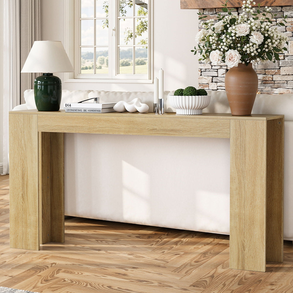 Farmhouse style extra-long console table in light wood with slim profile on Tampa Home & Garden Store