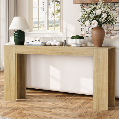 Farmhouse style extra-long console table in light wood with slim profile on Tampa Home & Garden Store
