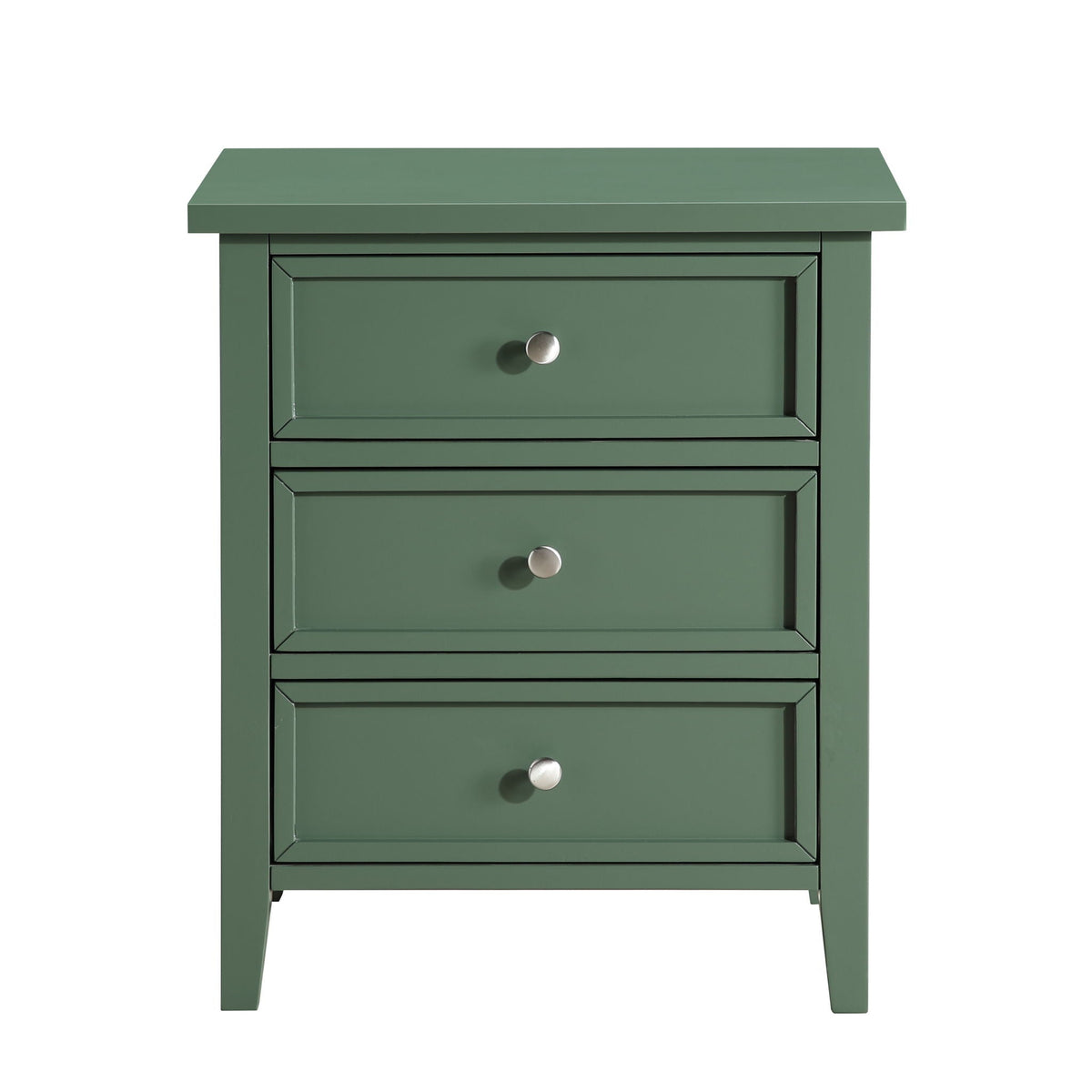HouseOfZazla 3 Drawer Nightstand in dark green with metal drawer pulls on Tampa Home & Garden Store