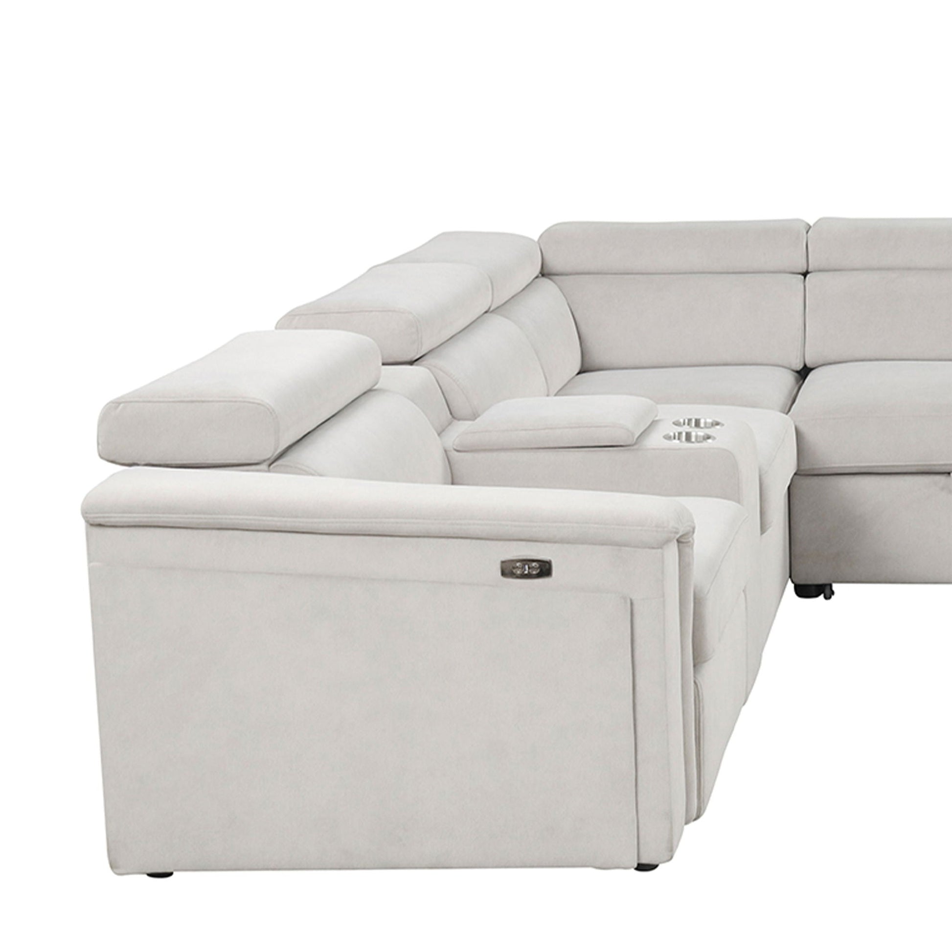 Harvey power recliner sleeper sectional in light gray upholstery with center console cupholders on Tampa Home & Garden Store