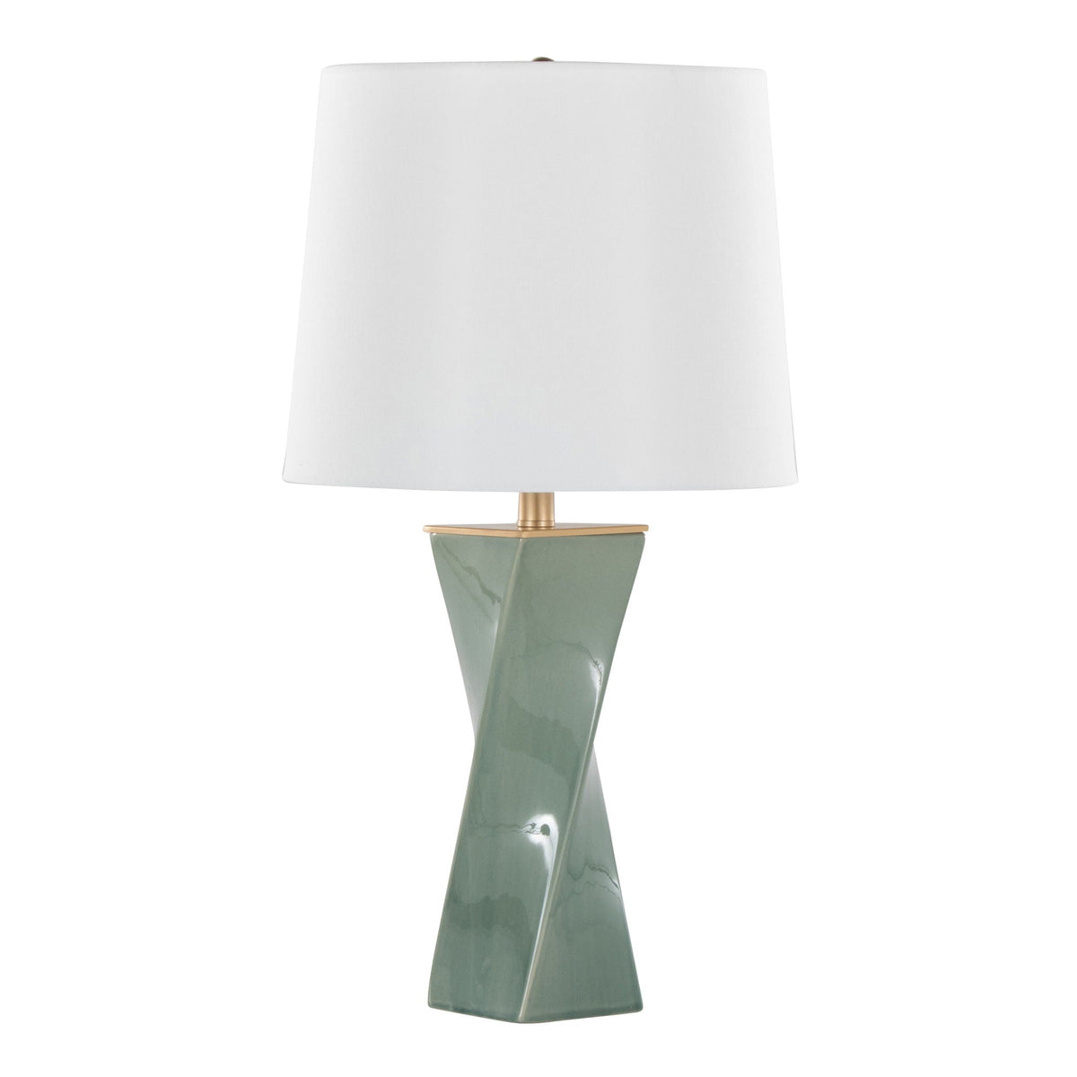 Curvo square table lamp by HouseOfZazla white fabric shade green ceramic base with brass accent on Tampa Home & Garden Store
