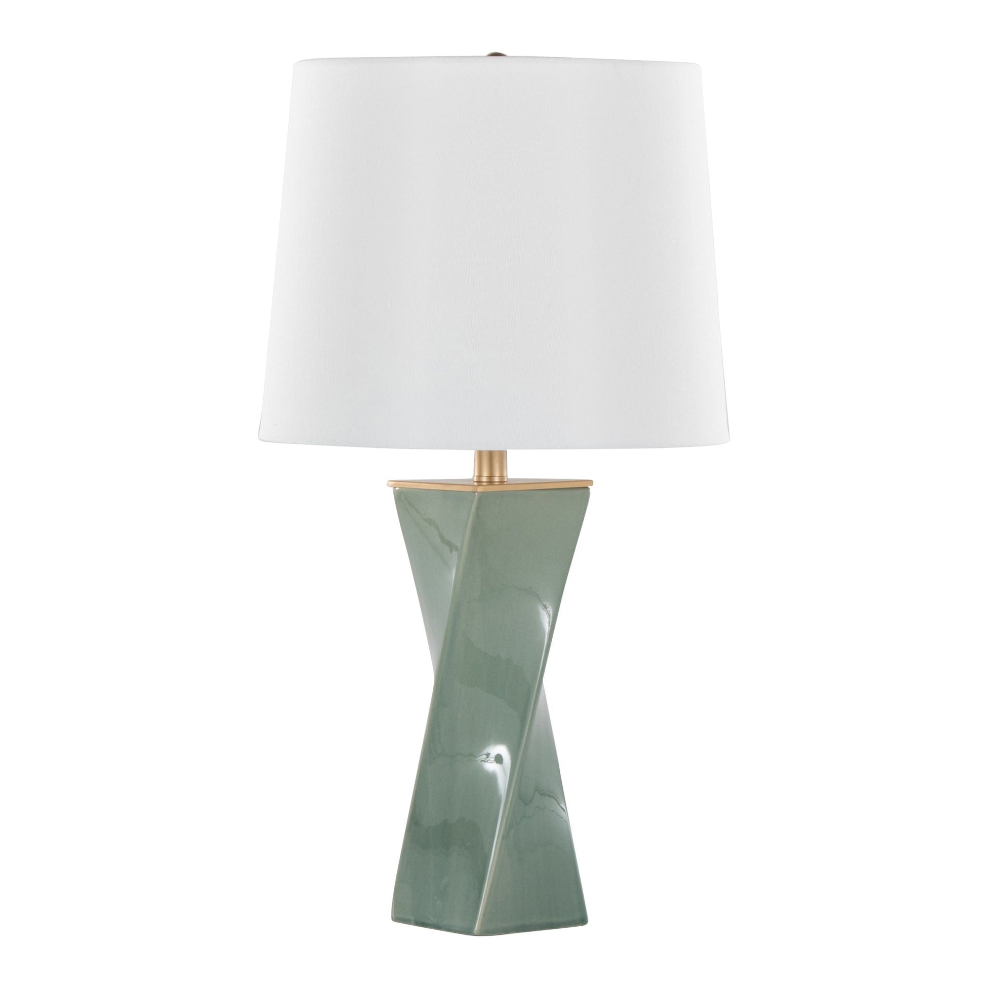 Curvo square table lamp by HouseOfZazla white fabric shade green ceramic base with brass accent on Tampa Home & Garden Store