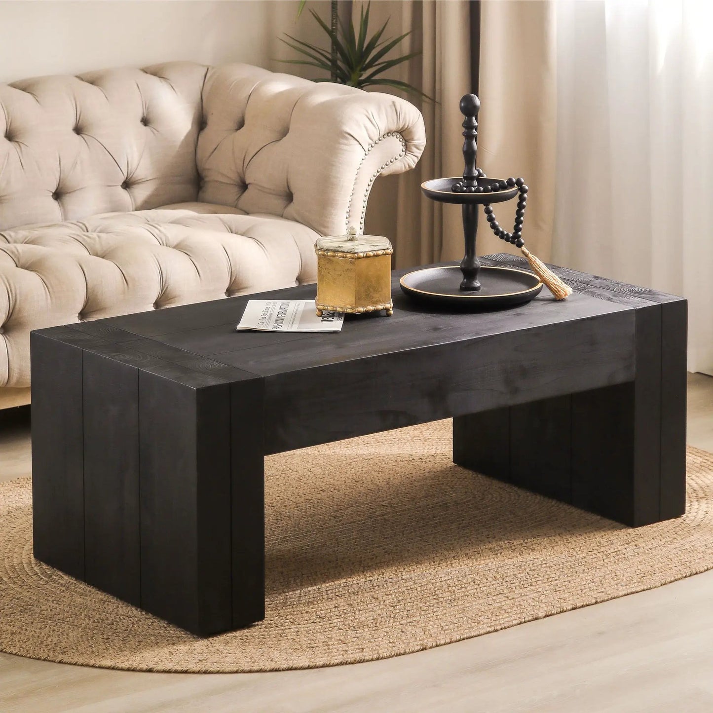 Minimalist rectangular coffee table in dark wood with chunky legs by Unique Piece Furniture on Tampa Home & Garden Store