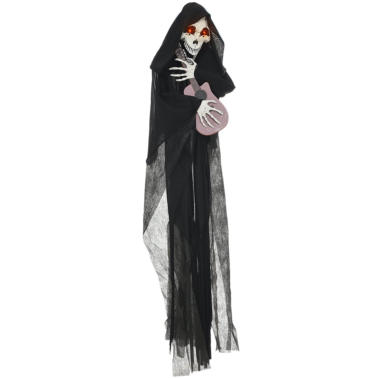 4.3' Grim Reaper guitarist prop in black robe with pink guitar on Tampa Home & Garden Store