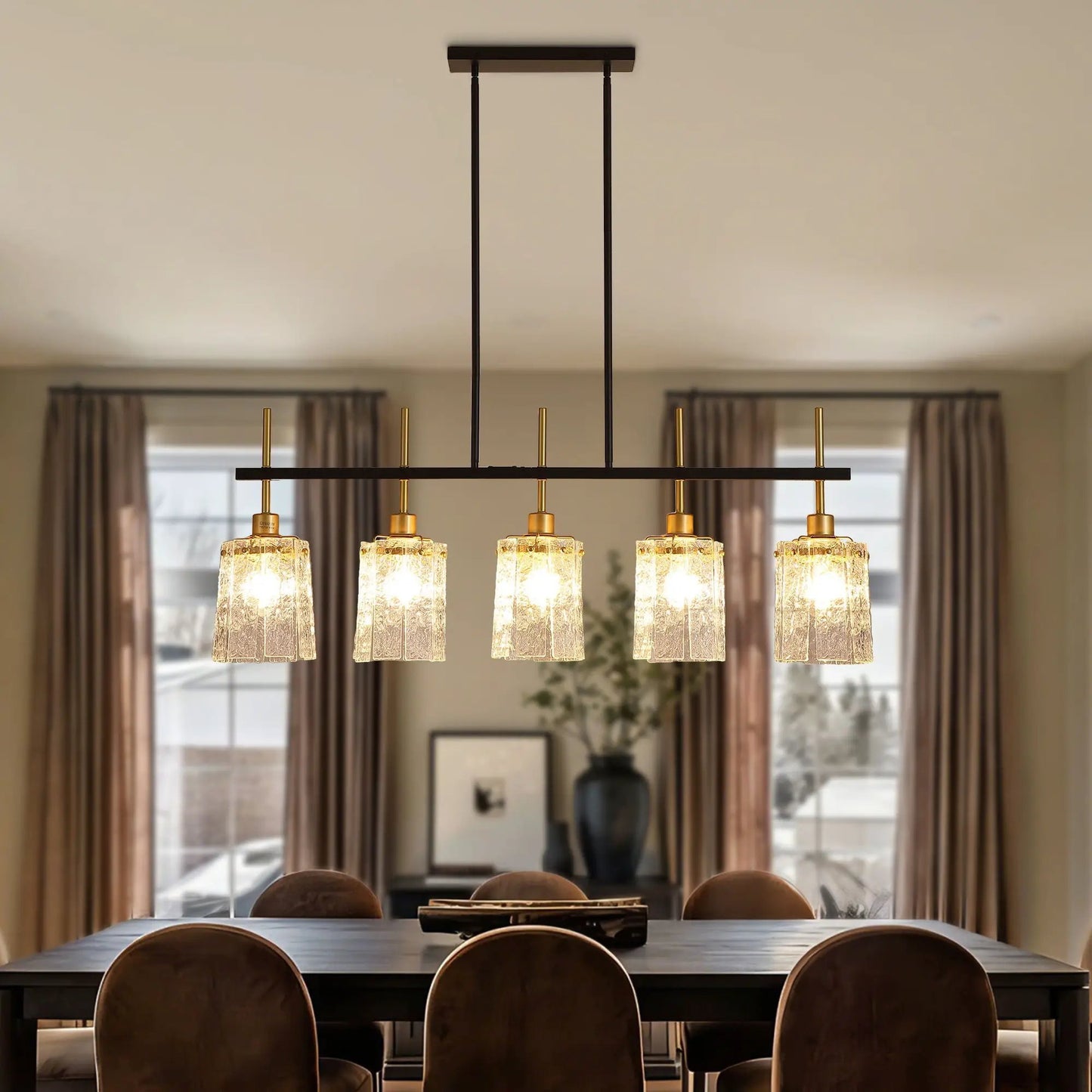 Chandelier 5 Light Fixture black and gold finish over table with textured glass shades on Tampa Home & Garden Store
