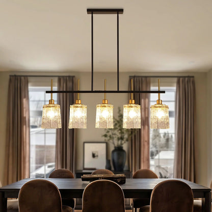 Chandelier 5 Light Fixture black and gold finish over table with textured glass shades on Tampa Home & Garden Store