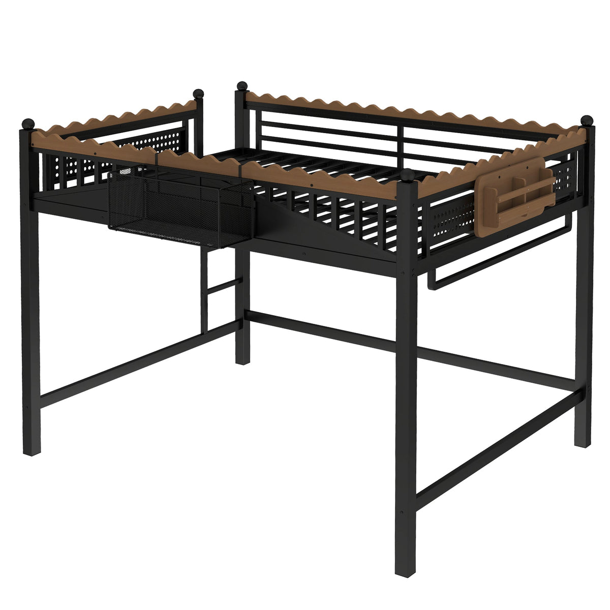 Queen Size Loft Bed Ladders and Storage by HouseOfZazla, black metal frame brown wood rails on Tampa Home & Garden Store