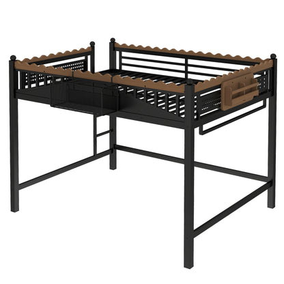 Queen Size Loft Bed Ladders and Storage by HouseOfZazla, black metal frame brown wood rails on Tampa Home & Garden Store
