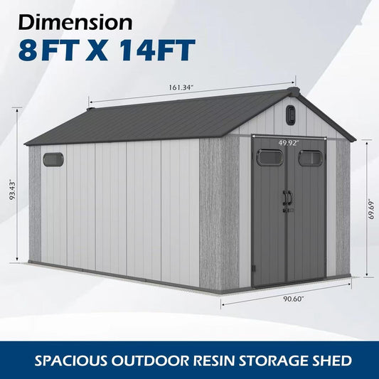 8x14ft resin outdoor storage shed with carpet, gray siding and double doors on Tampa Home & Garden Store