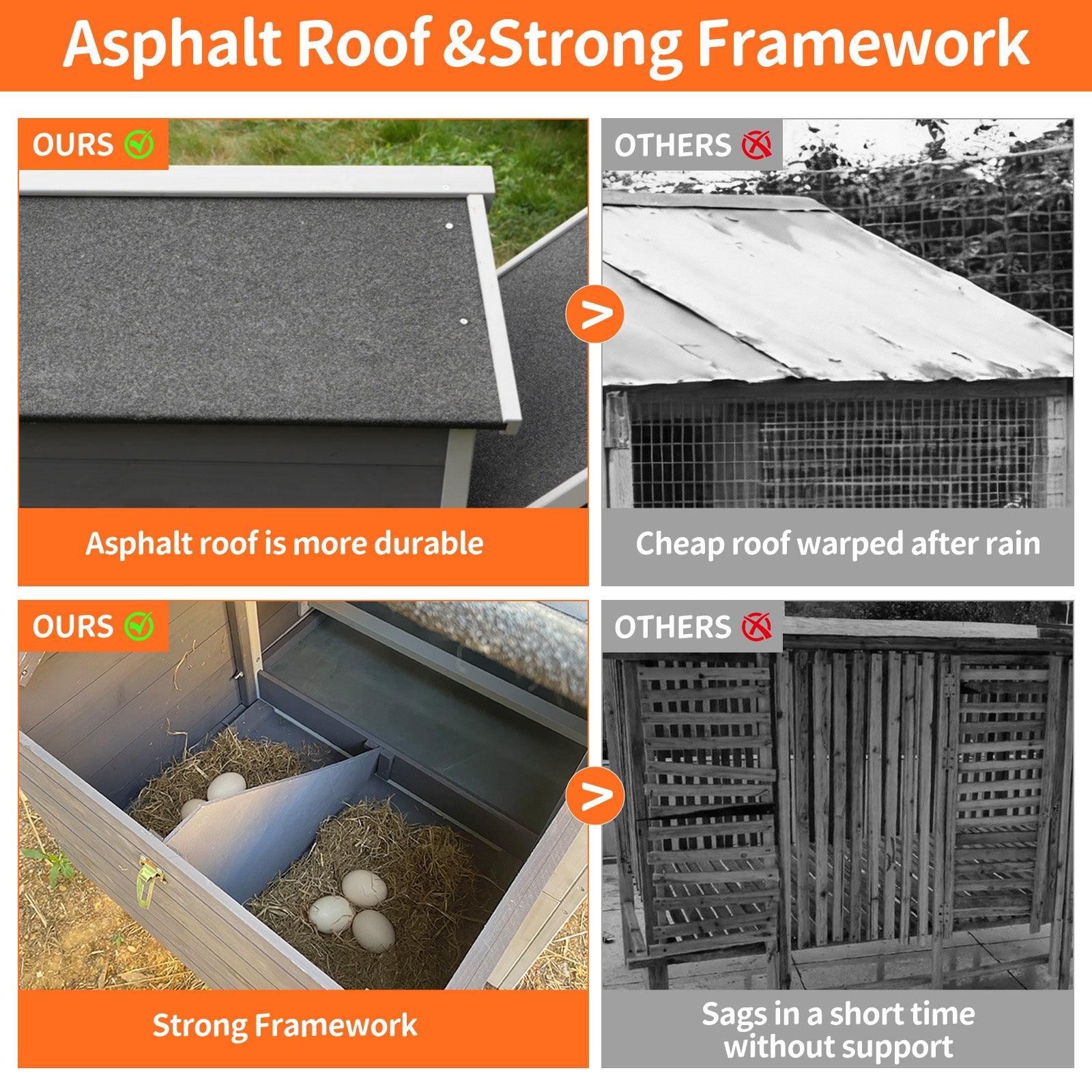 Gray wooden chicken coop with run and nesting box; OURS roof vs OTHERS shows framework on Tampa Home & Garden Store