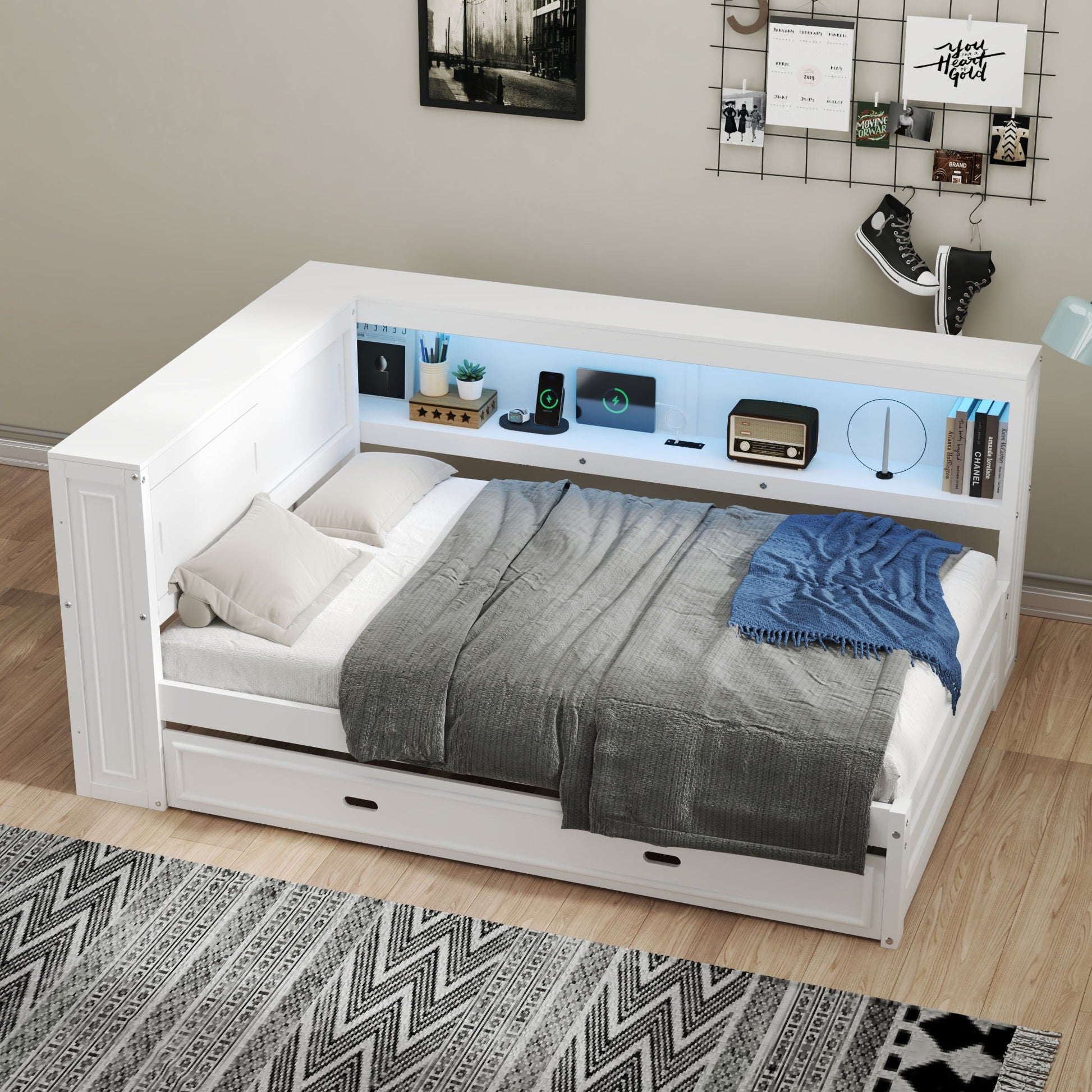 White daybed with storage shelves, LED lighting, USB ports, and a trundle on Tampa Home & Garden Store