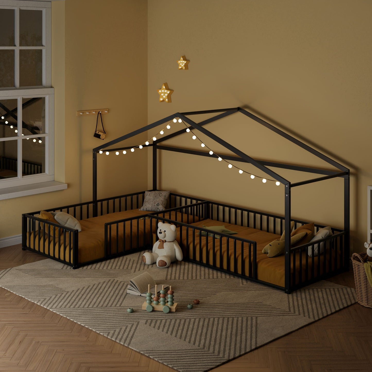 L-Shaped Montessori Bed For 2 Kids With Partitioned Fence canopy bed, black metal frame, 2 beds on Tampa Home & Garden Store