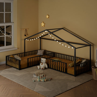L-Shaped Montessori Bed For 2 Kids With Partitioned Fence canopy bed, black metal frame, 2 beds on Tampa Home & Garden Store