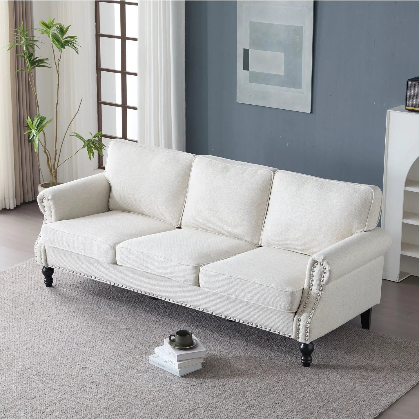 Rolled Arm Sofa with Nailhead Trim, wooden legs in beige fabric Unique Piece Furniture on Tampa Home & Garden Store