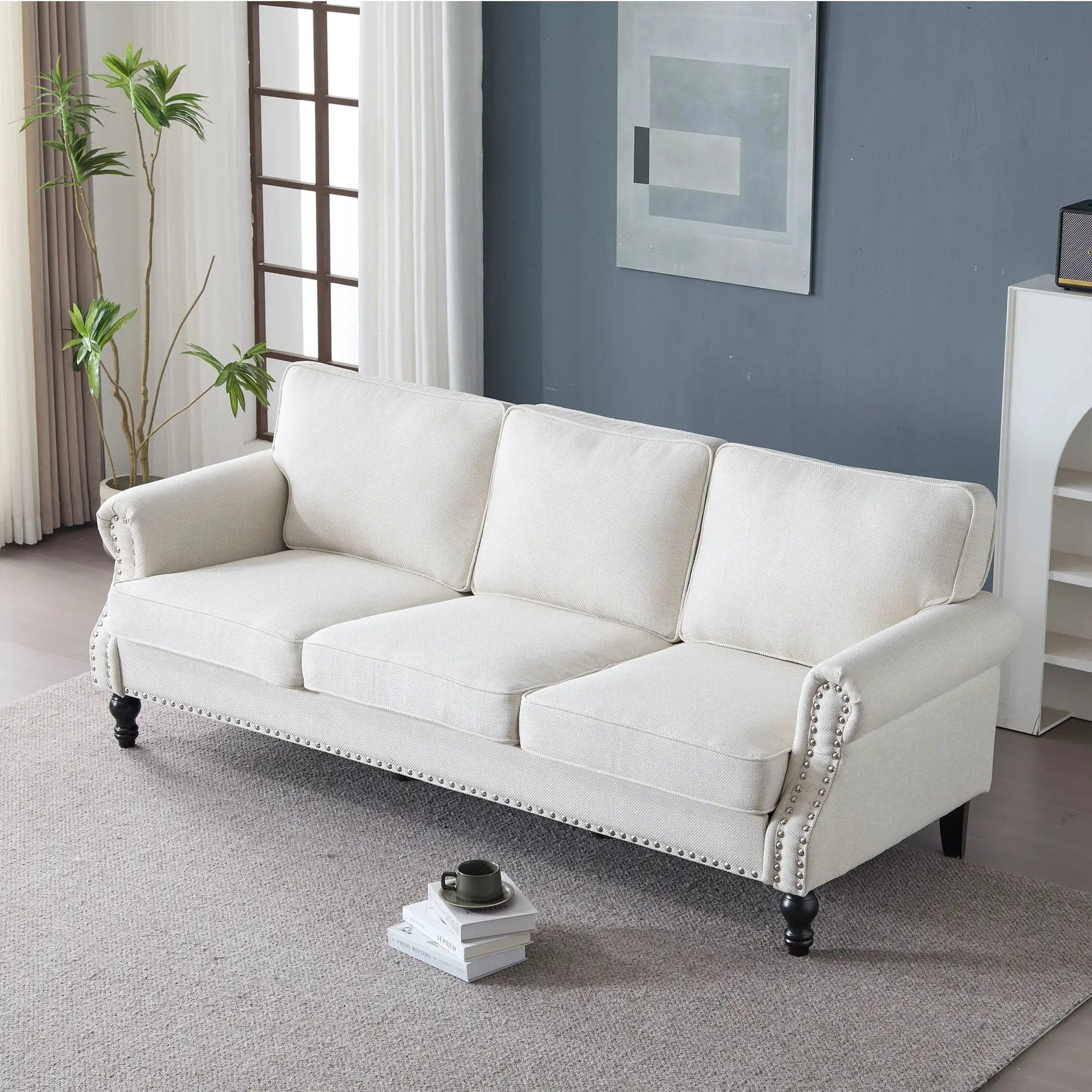 Rolled Arm Sofa with Nailhead Trim, wooden legs in beige fabric Unique Piece Furniture on Tampa Home & Garden Store