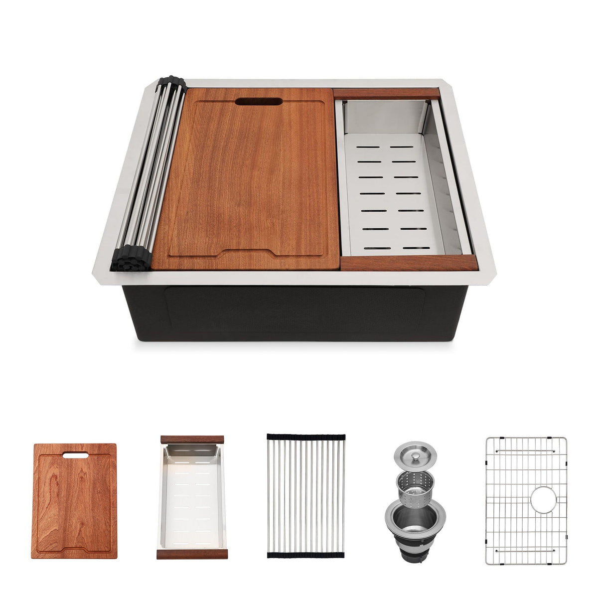 HouseOfZazla single bowl undermount workstation sink with wood cutting board insert on Tampa Home & Garden Store
