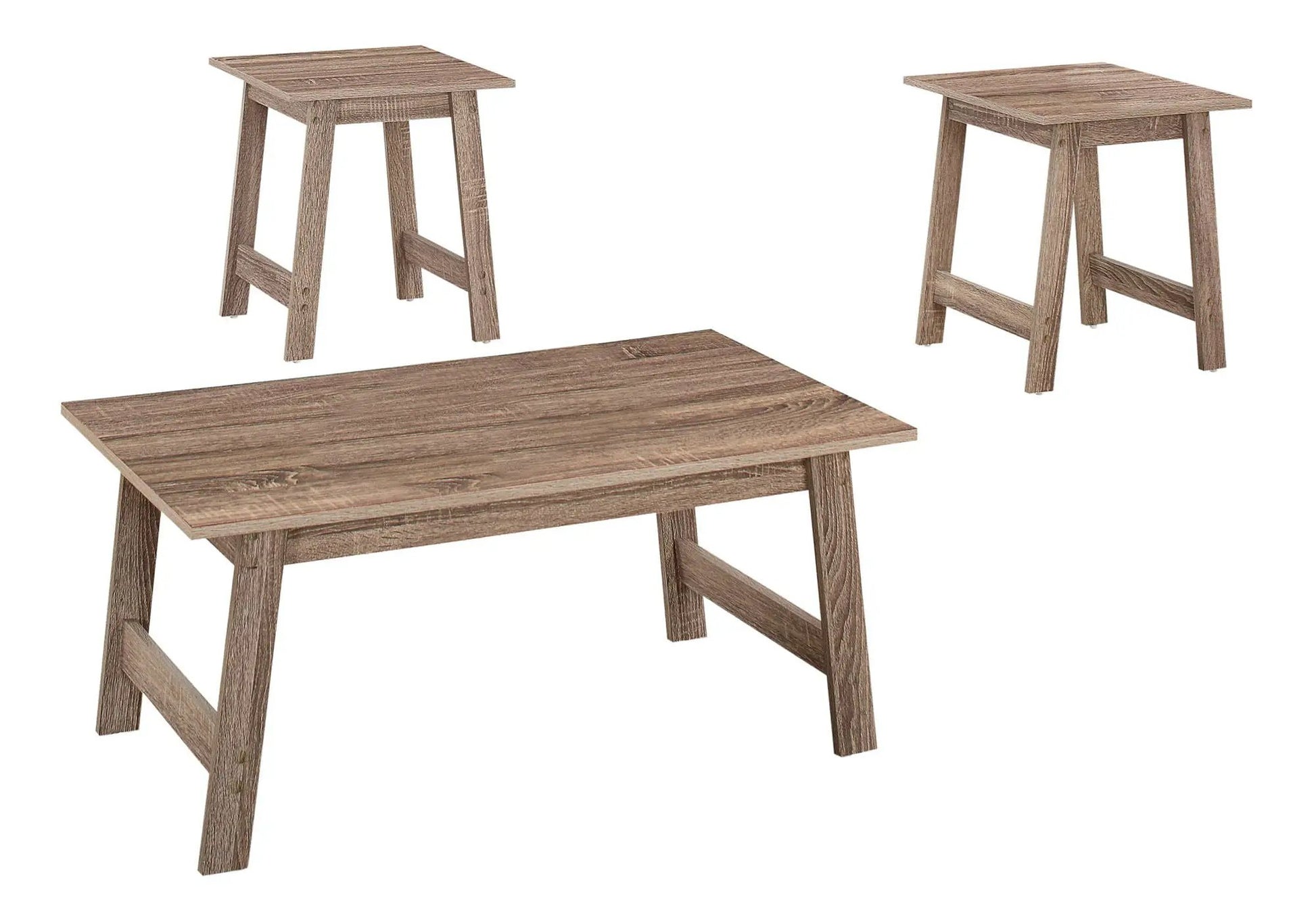 Three-piece rustic wood table set with coffee table and two end tables in brown finish on Tampa Home & Garden Store