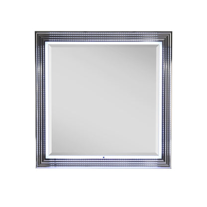 Smooth LED-lit wall mirror, high gloss white frame with chrome border and edge lighting on Tampa Home & Garden Store