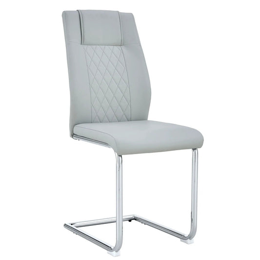 Modern dining chair with padded gray upholstery and diamond-stitched back chrome legs on Tampa Home & Garden Store