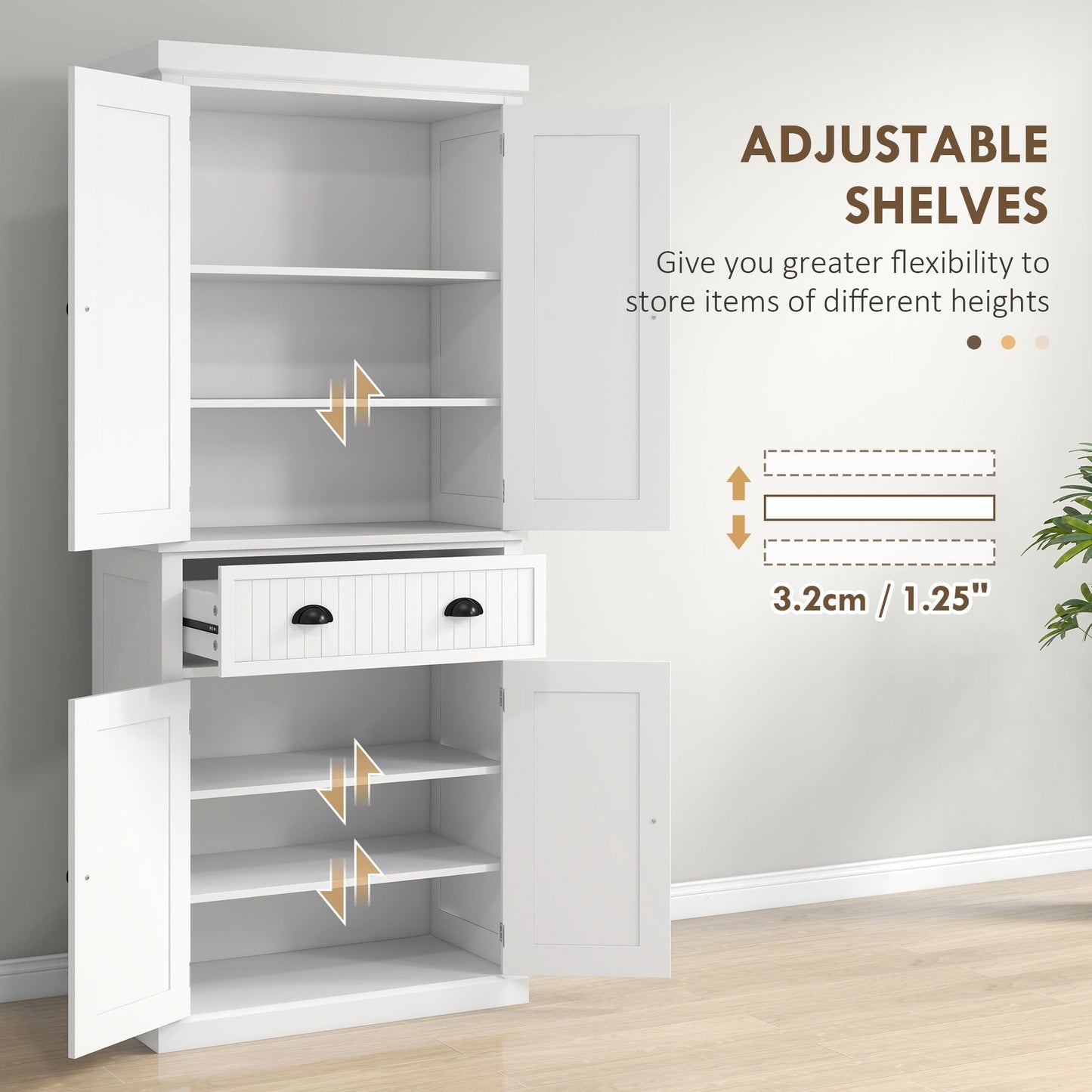 Freestanding White Kitchen Pantry and Cabinet