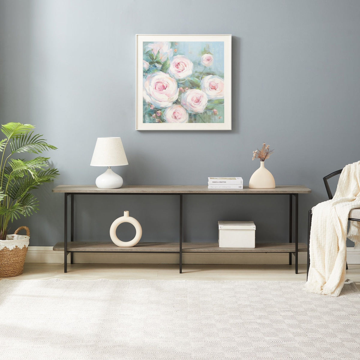 Celine 2-Shelf Console Table with black metal frame and warm wood shelves on Tampa Home & Garden Store