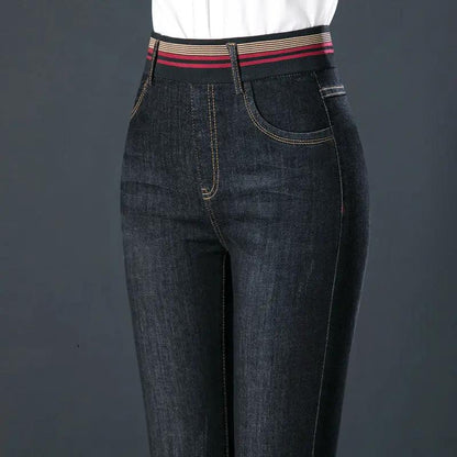 Elastic waist velvet padded jeans in dark denim with striped waistband by FLIPSTYLEZLLC on Tampa Home & Garden Store