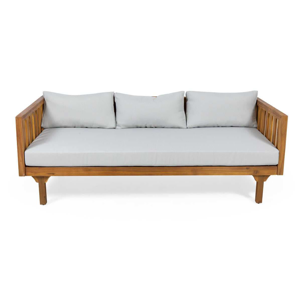 Claremont 3 Seater Daybed with teak acacia wood frame and three light gray water-resistant cushions on Tampa Home & Garden Store