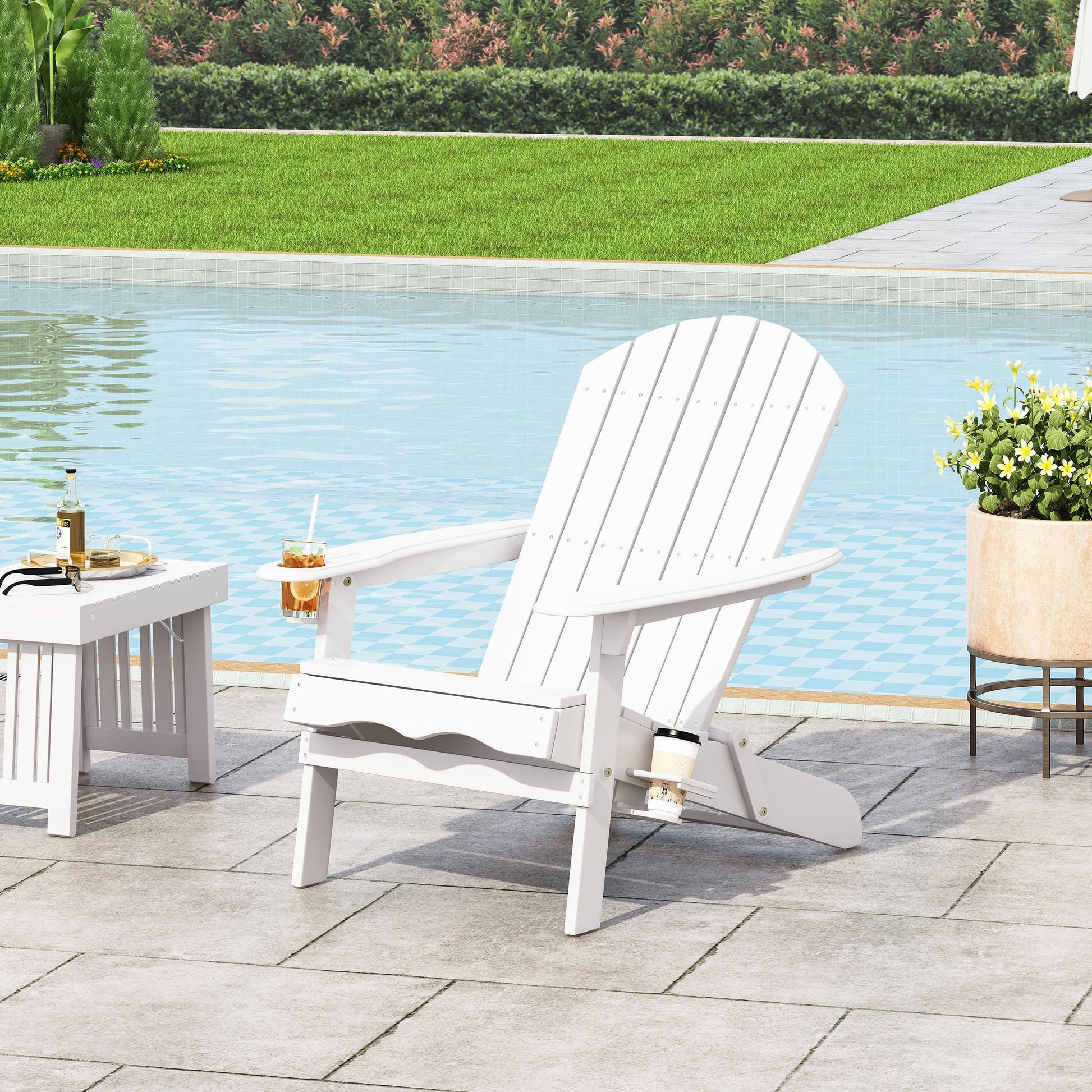 Zenithia Outdoor Foldable Adirondack Chair with 2 Cup Holders, White by HouseOfZazla on Tampa Home & Garden Store