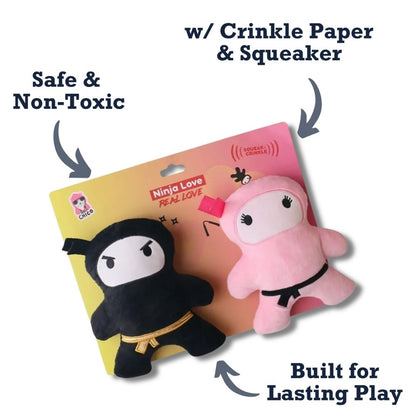 Coffret cadeau de peluches pour chien Ninja Love rose et noir – avec couineur et papier froissé pour des heures de jeu amusantes