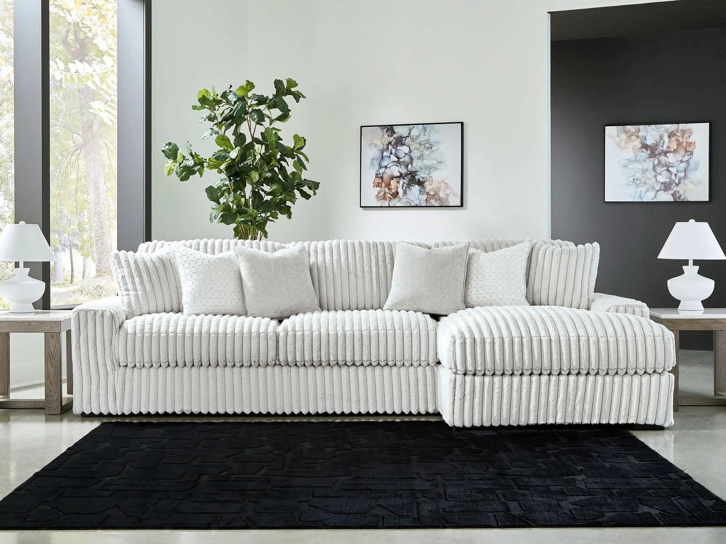 Stupendous Stationary Sectional by Unique Piece Furniture in gray ribbed fabric, setup on Tampa Home & Garden Store