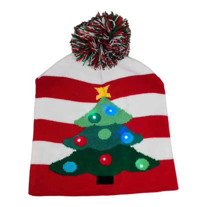 Battery-Operated LED knit hat with red-white stripes and Christmas tree graphic on Tampa Home & Garden Store