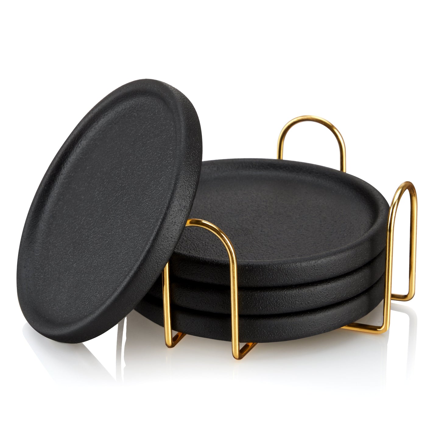 Black Earthenware Coasters with Gold Stand Set of 4