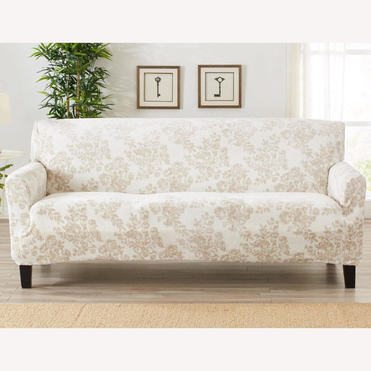 Velvet Stretch Slipcover Gale Collection beige damask sofa by Great Bay Home on Tampa Home & Garden Store