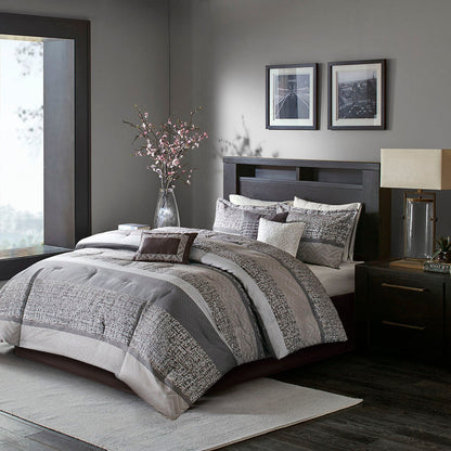 7 Piece Jacquard Comforter Set Grey Taupe King by HouseOfZazla with quilted patterns on Tampa Home & Garden Store