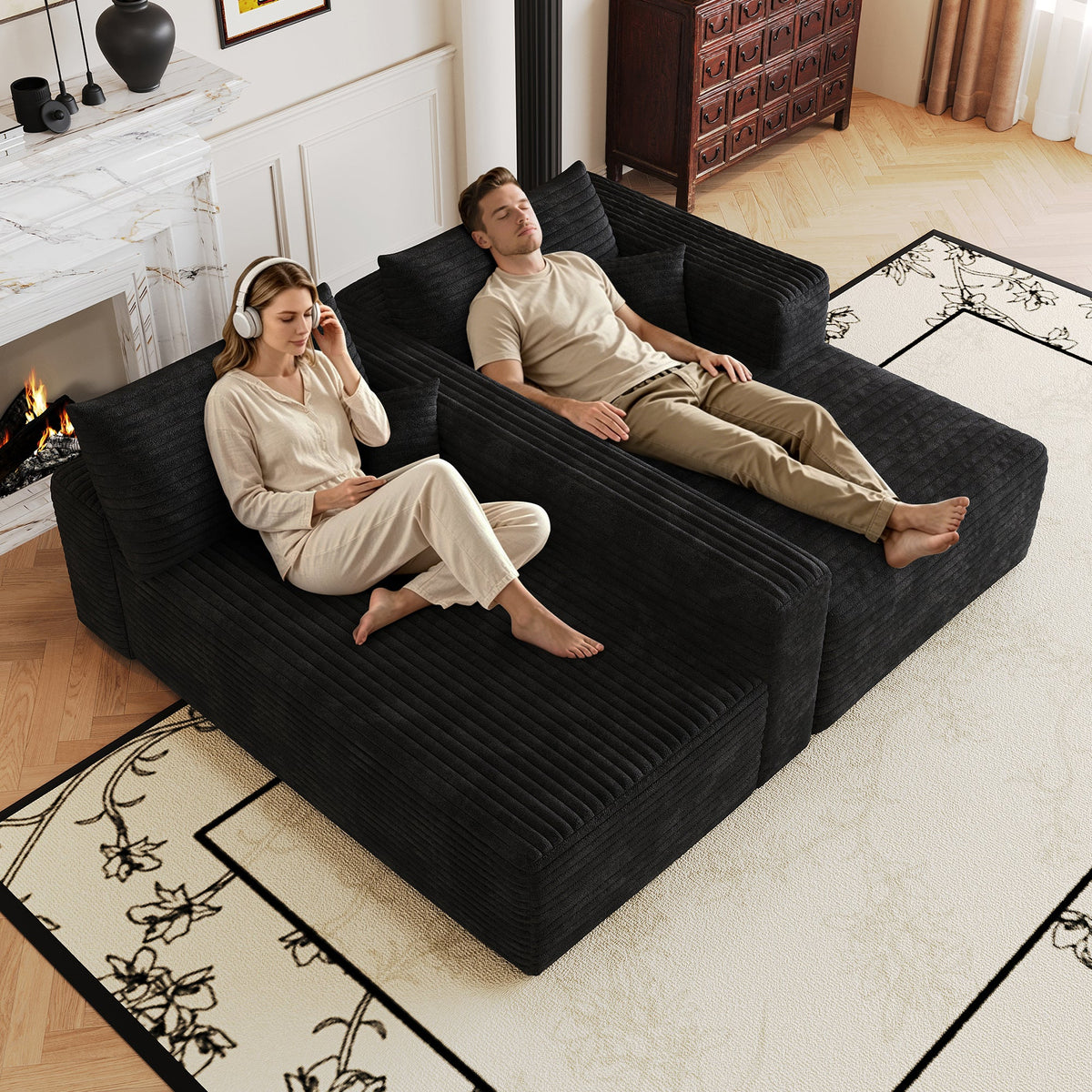 Modern Minimalist Cloud Sectional Sofa in black textured fabric with two loungers HouseOfZazla on Tampa Home & Garden Store