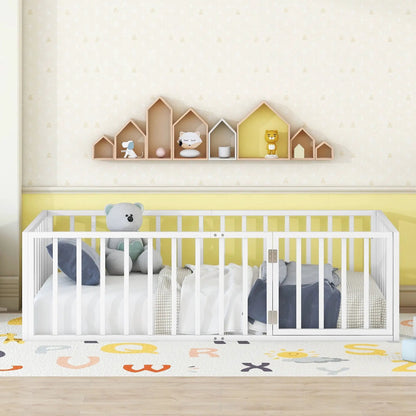 Metal floor bed frame with fence-style rails and door, white finish in a nursery setting on Tampa Home & Garden Store